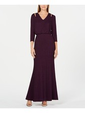 CALVIN KLEIN Womens Purple 3/4 Sleeve Maxi Evening Fit + Flare Dress 2
