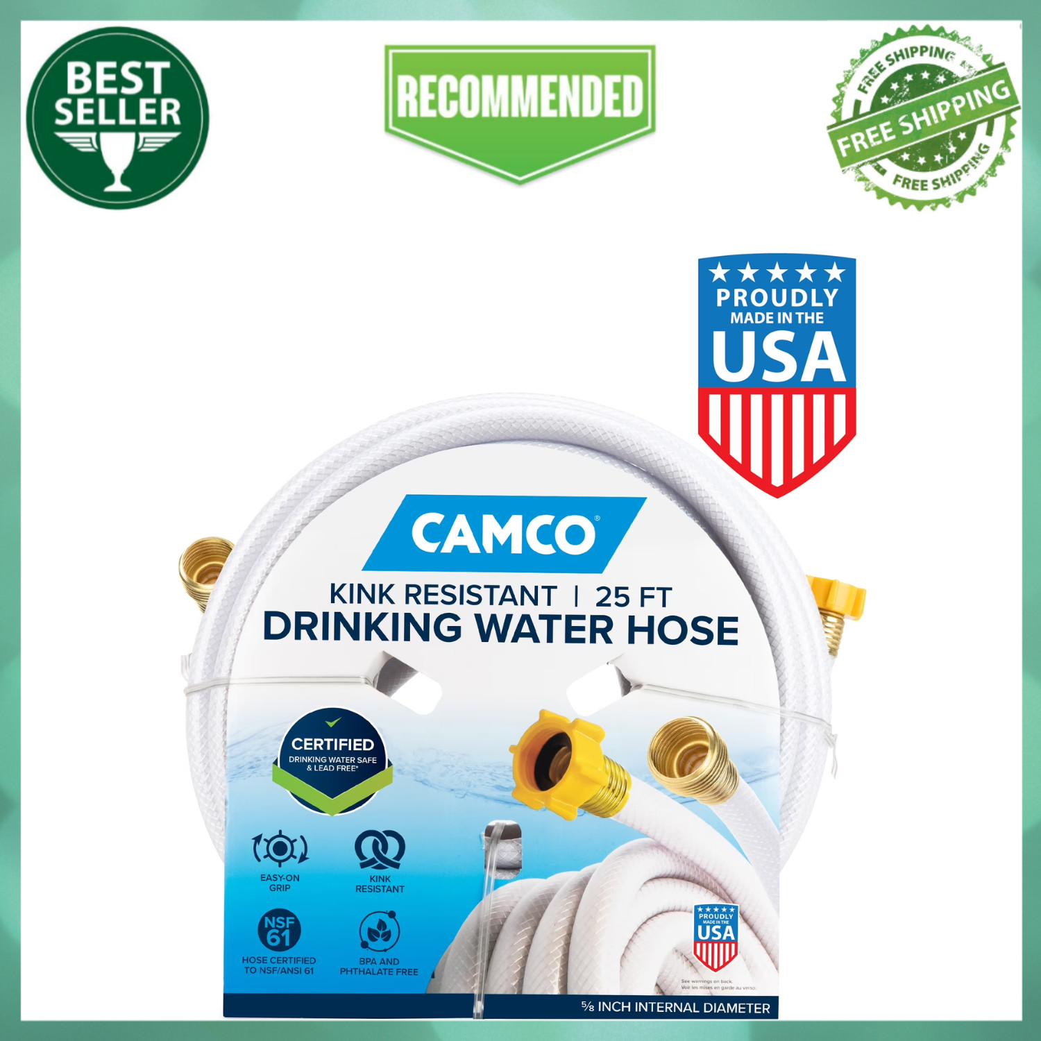 25' RV Drinking Water Hose, Lead-Free, BPA-Free, Phthalate-Free PVC, White 22783