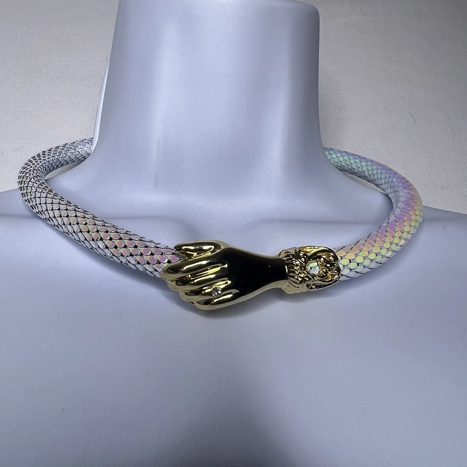 Vintage DL Auld Iridescent White Dragonscale Choker Mesh Snake Collar Necklace - Image 3 of 4