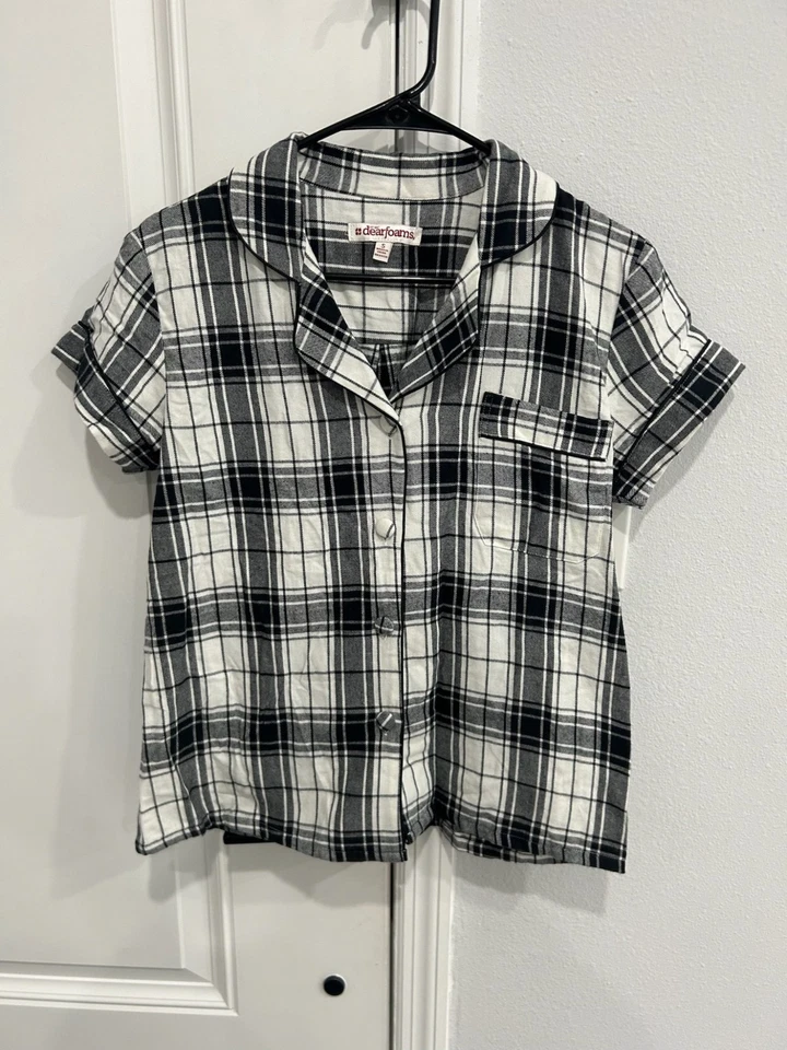 Conjunto de pijama corto delantero con botones a cuadros Dearfoams negro blanco talla pequeña ropa de dormir Foto 3 de 4
