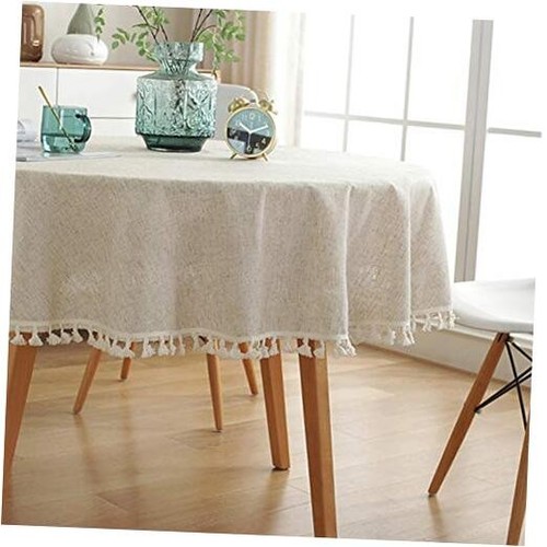 Cotton Fabric Tassel Round Tablecloth Dust-Proof Table Round 60 Inch Linen