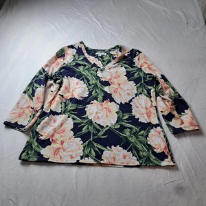 Chicos Womens Large Floral V-Neck Knit Top Navy Peach 3/4 Sleeve Model 10126