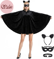 4PCS Black Cat Costume Hooded Cape Set Halloween Women Cat Cosplay Outfit