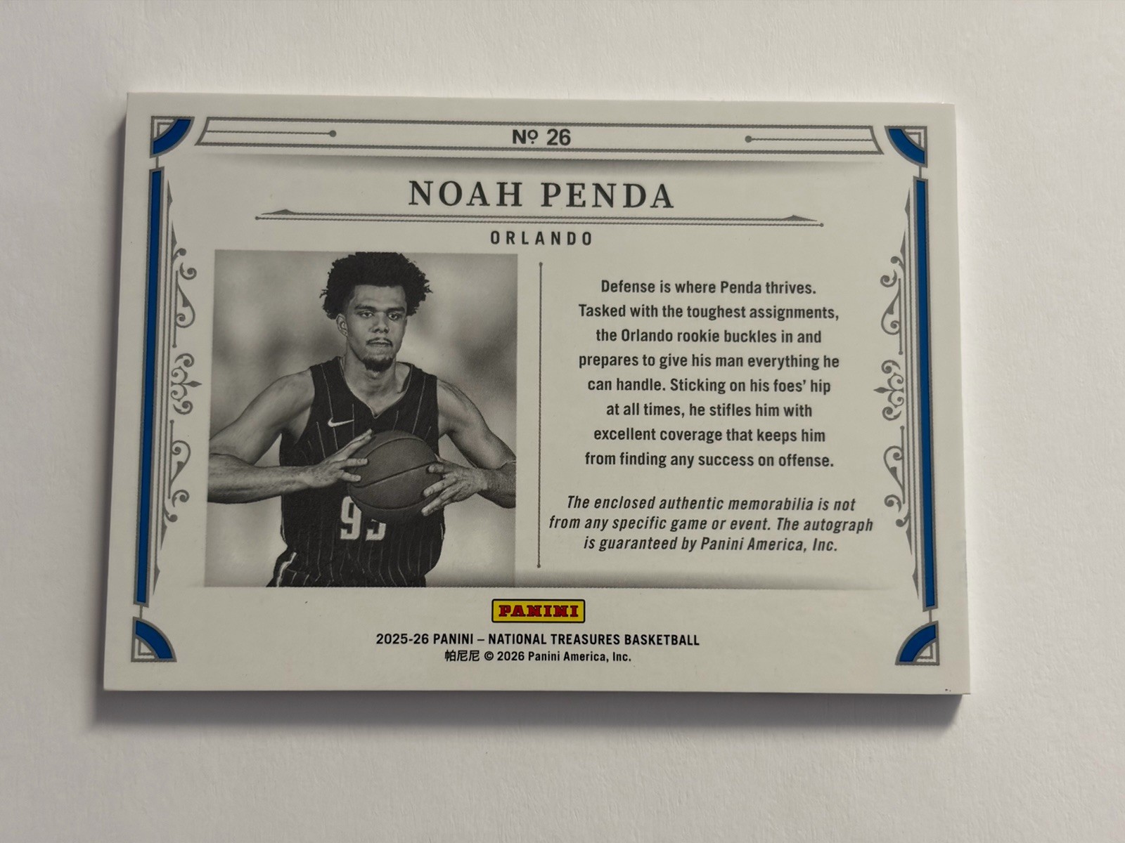 2025-26 Panini National Treasures Noah Penda RC Patch Auto /99 Magic RPA view 2