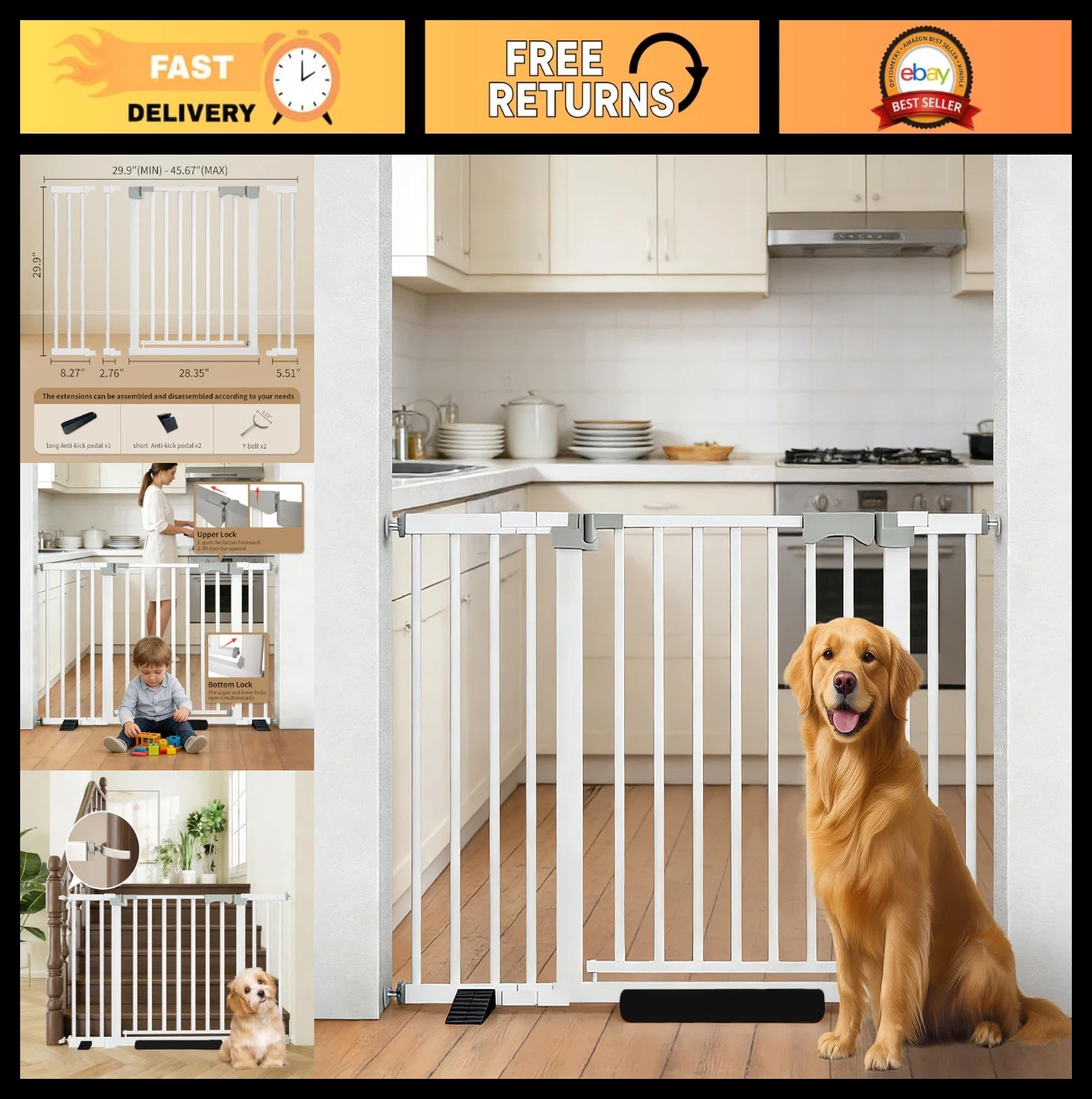 Adjustable 29.9-46" Baby Gate for Door & Stair Safety - Steel Barrier for Pets,
