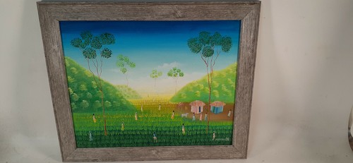 Haitian Painting on Board, Women in Sugar Field, Signed Petil Hohme, F.M.