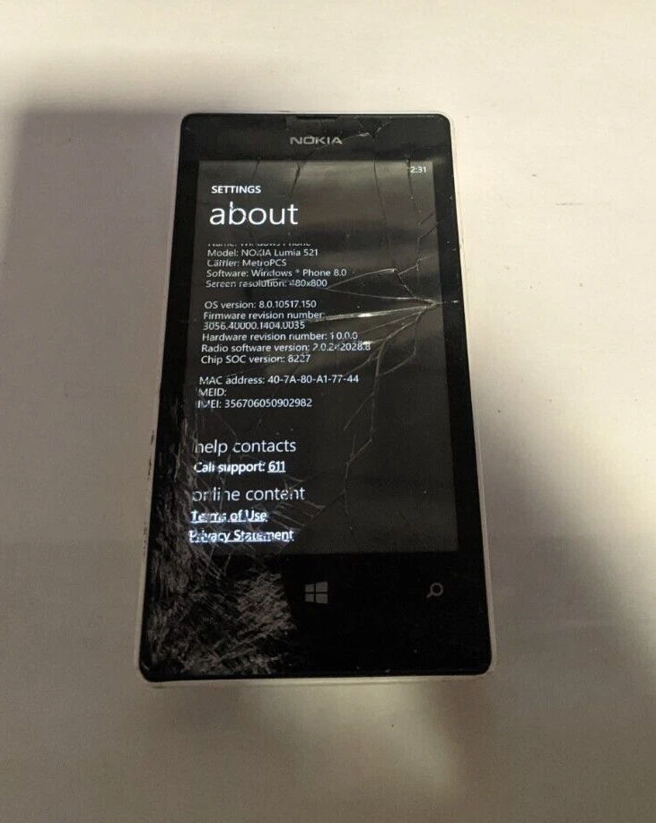 诺基亚 Lumia 521 8GB (RM-917) 白色 (MetroPCS) 请参阅下文 — 第 3/4 张图片