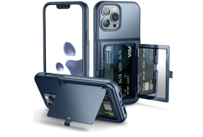 iPhone 13 Pro Max Wallet Case with Card Holder & Hidden Mirror in Blue-image