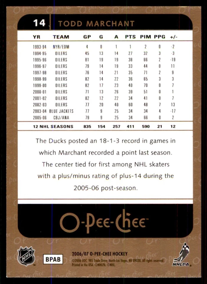 2006-07 O-Pee-Chee Todd Marchant Anaheim Ducks #14 - Image 2 of 2