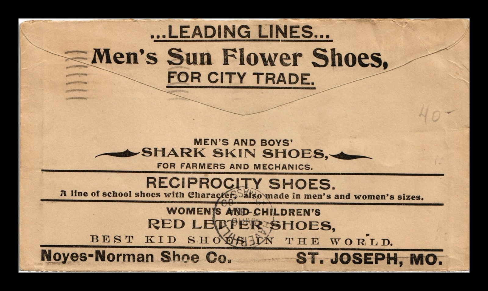 US COVER SAINT JOSEPH MISSOURI ADVERTISING FRONT BACK SHOE COMPANY 1903