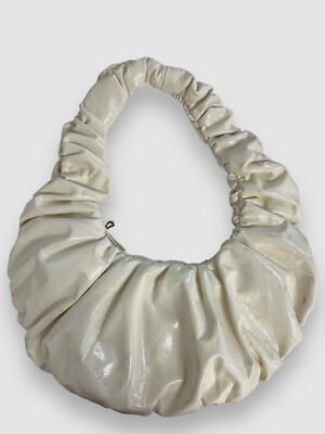 $626 Nanushka Women's Ivory Anja Ruched Patent Leather Shoulder Purse Bag