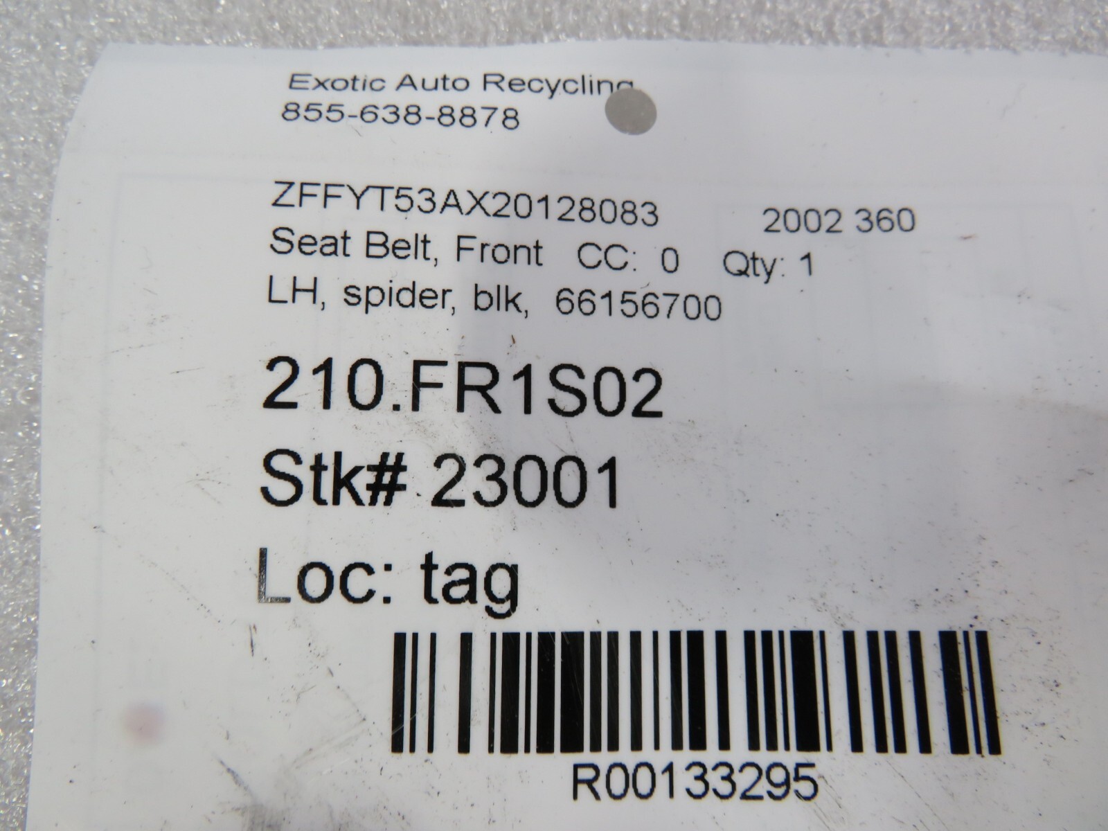 Ferrari 360, Spider, LH, Left, Front Seat Belt, Used, P/N 66156700