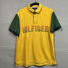 Tommy Hilfiger Polo Shirt Mens Large Yellow Performance Y2k Spell Out Preppy 00s
