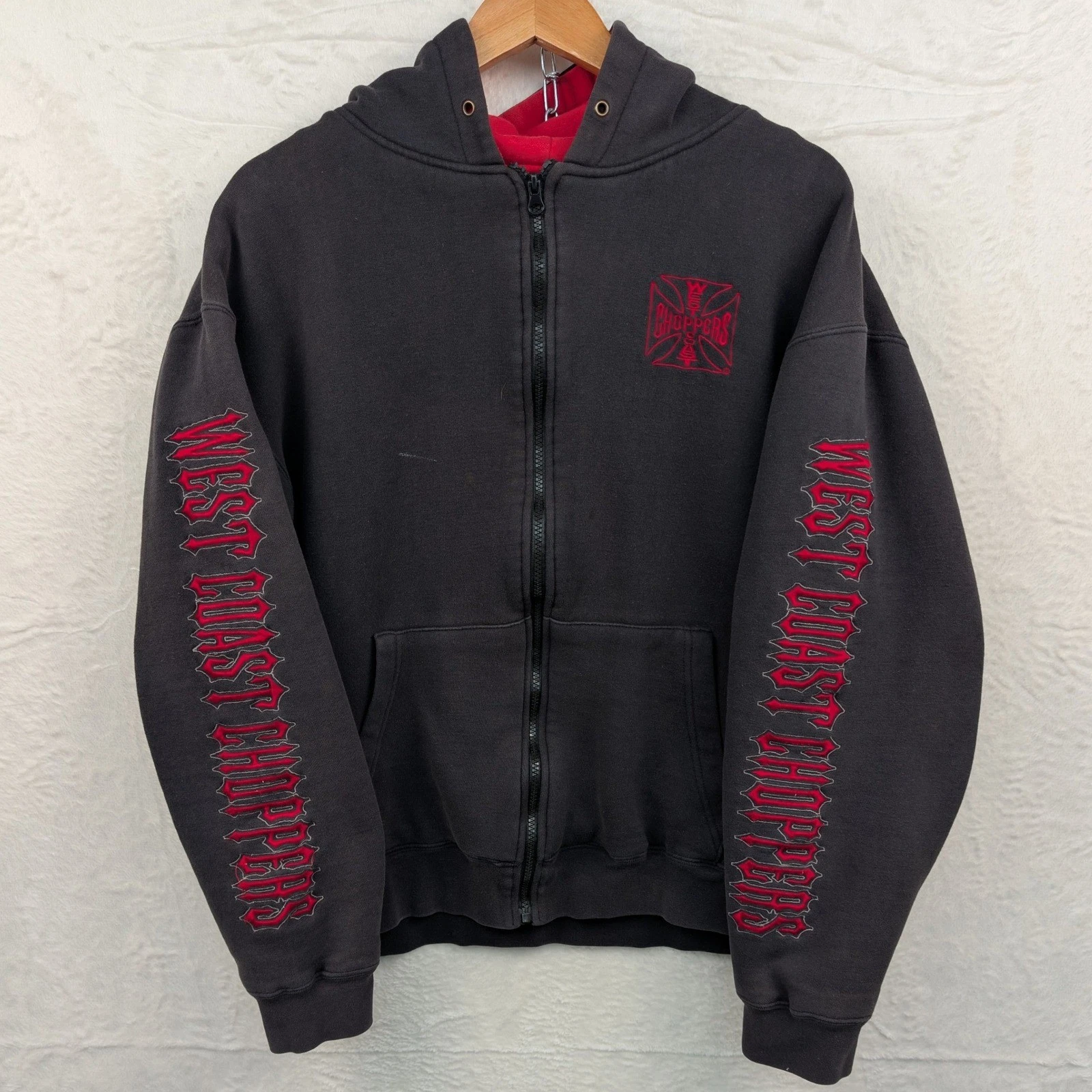 VTG West Coast Choppers Hoodie Men XL Faded Black Red Thermal Full Zip Biker Y2K
