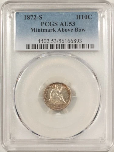 1872-S LIBERTY SEATED HALF DIME, MINTMARK ABOVE BOW - PCGS AU-53, NICE FLASHY