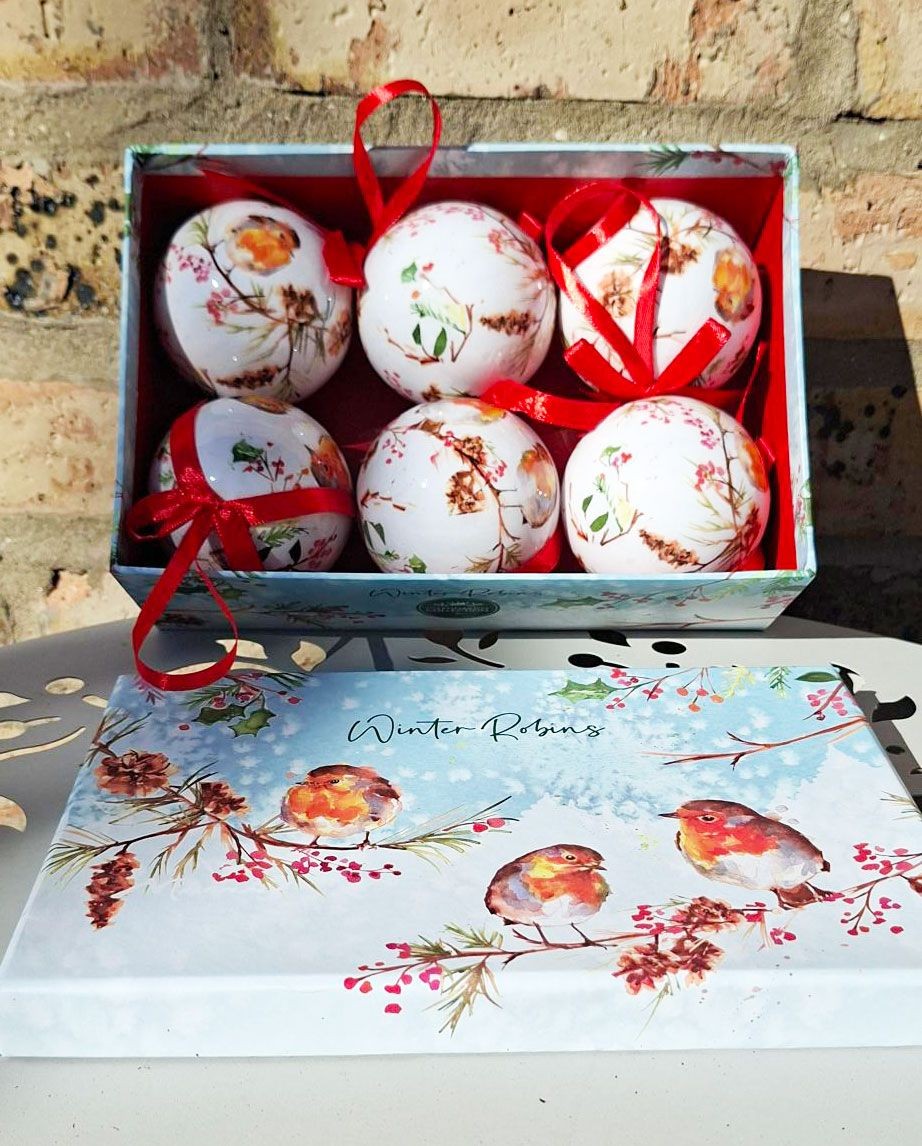 Winter Robin Bird Christmas Baubles Gift Set - Set of 6 - Lesser & Pavey NEW