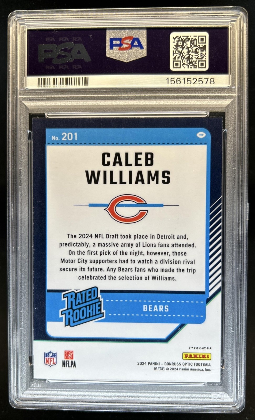 2024 Panini Donruss Optic Caleb Williams Holo Rated Rookie #201 Bears PSA 8 view 2