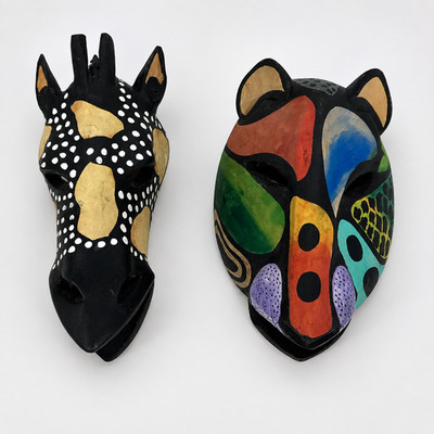 Hand Carved Wood Animal Wall Masks Giraffe Cat Set of 2 Folk Art 6  African Art