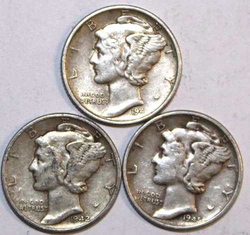 (3) Extra Fine Mercury Dimes - 1941 1942 1945 - #1609ED - FREE SHIPPING