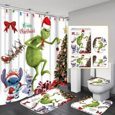 Merry Christmas Stitch, Grinch Cartoon Shower Curtain or Bathroom Sets