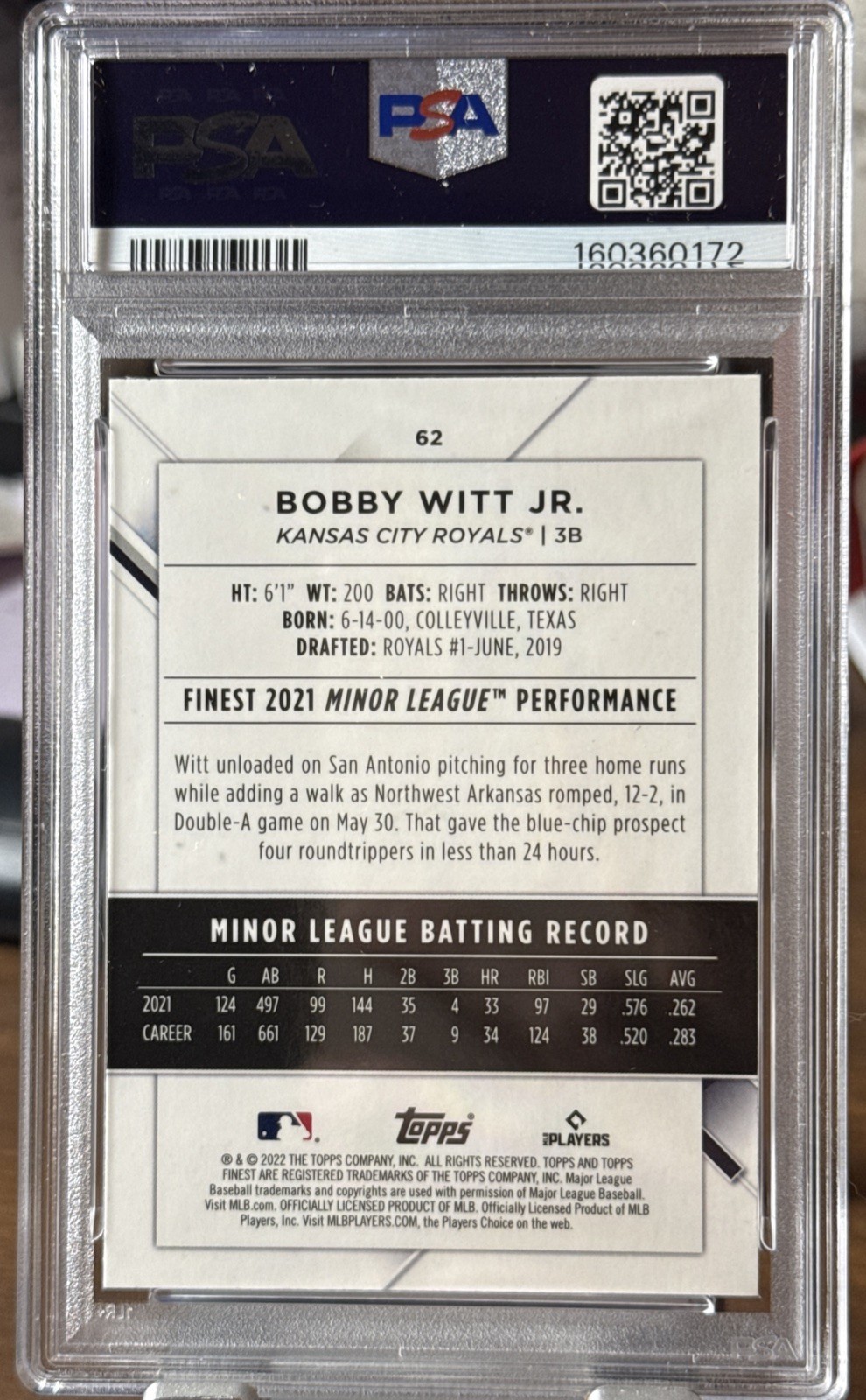 Bobby WITT JR RC PSA 10 GEM MINT 2022 Topps FINEST Kansas City ROYALS view 2