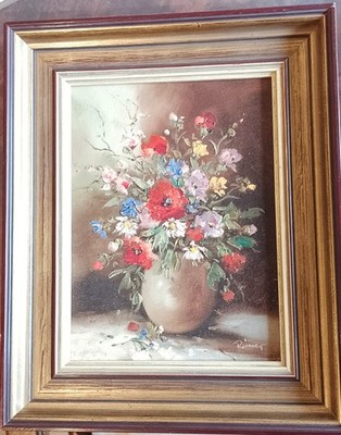 Floral Still Life Original Oil on Canvas Signed Rainer Intricate Wooden Frame