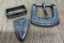 Silver tone Western Floral Scrolls Engraved Belt Buckle Three Piece Set Unisex
