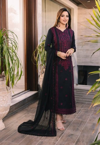 Asim Jofa Party Dress - BLACK & MAROON - SIZE - LARGE