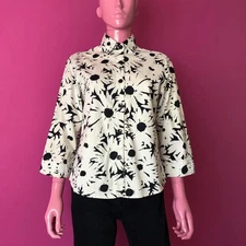 Vintage 90s S Blouse Button Up Collar Cotton Blend Floral Daisy Black White Top