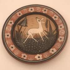 VTG Mexican Tonala Pottery Wall Plate Folk Art Deer 9"