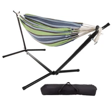 Pure Garden Hammock Bed Double Brazilian Cotton w/Stand Blue Stripe