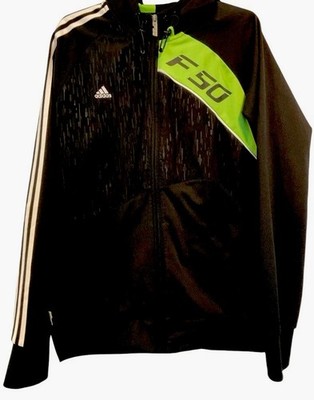 Adidas F50 Mens Sz L Hooded Black Green Zipped Thumb Holes Track Jacket