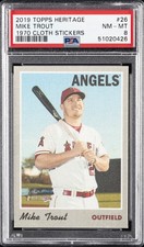 2019 TOPPS HERITAGE 1970 CLOTH STICKERS #26 MIKE TROUT PSA 8