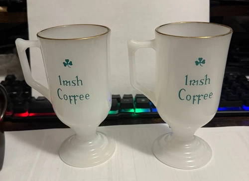 Lot (2) Vintage Milk Glass Irish Coffee Pedestal Mug gold rim free ship