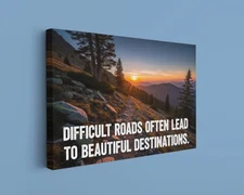 Motivational Canvas Difficult Roads Mountain Sunset Quote Wall Art Decor