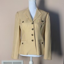 Lauren Ralph Lauren Women Beige Solid Silk Button-Front Lined Pocket Blazer 4
