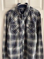 Buffalo David Bitton Shirt Mens XL Blue Plaid Pearl Snap Western