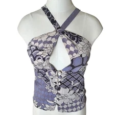 Eva Fortune S Silk Spandex Halter Purple Floral Y2K Keyhole Crisscross Top