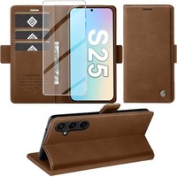 HandyhüLle PU Leder Braun Wallet Flip Case Mit Schutzfolie FüR Galaxy S25 5G