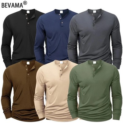 Mens Cotton Slim Fit Long Sleeve Henley T-Shirt Casual Button Tee Top Gym Gift