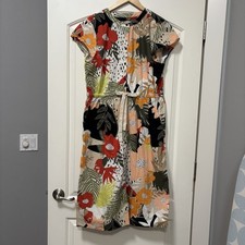 LOFT Multicolor Floral Shirt Dress L Tie Waist Pockets Cotton Modal Safari 