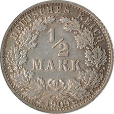 Kaiserreich J.016 1909 F Kleinm&uuml;nze 1/2 Mark Silber*