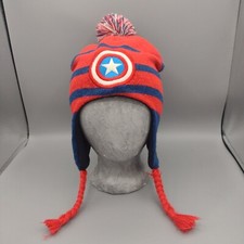 Marvel Captain America Red and Blue Pom Knit Beanie with Braids - Stocking Hat