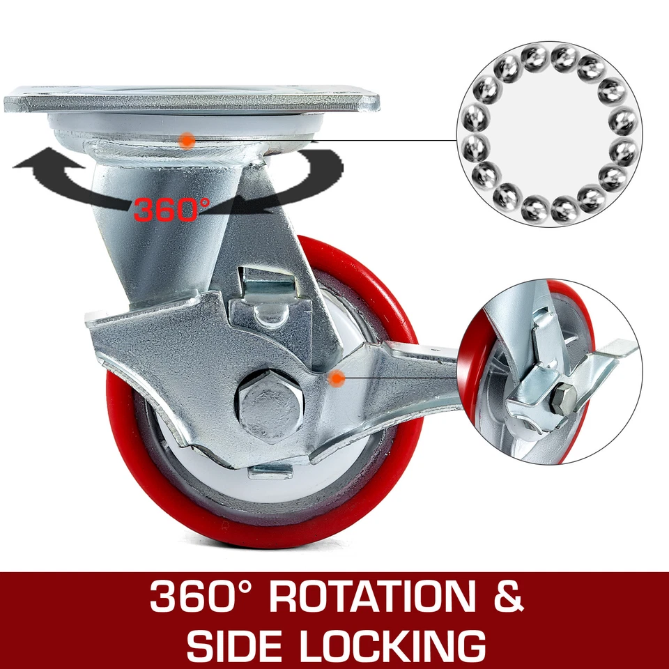 Paquete de 4 ruedas de alta resistencia de poliuretano de 4" 5" 6" con ruedas de hierro fundido sin ruido Foto 2 de 4