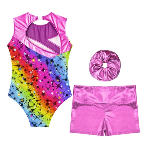 Girls Outfits Patchwork Dancewear Gymnastics Set Workout Hair Tie Round Neck - Picture 30 of 49