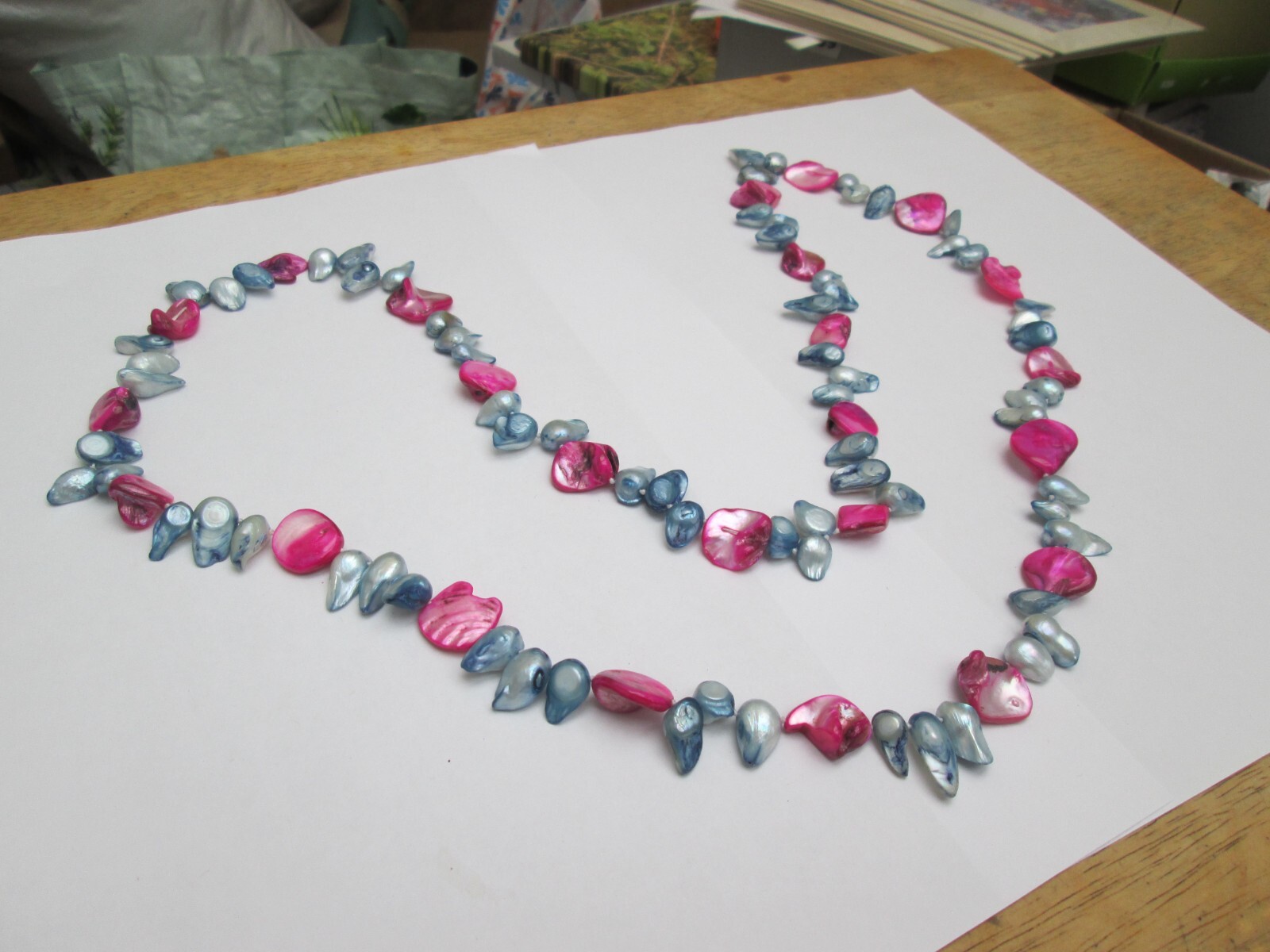 LONG CORD NECKLACE WITH PINK AND BLUE COLOURED SHELL ? BEADS eBay