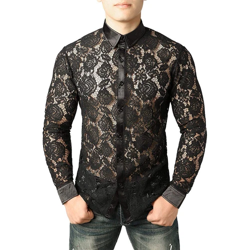 T-shirt maglietta uomo maglia pizzo trasparente floreale trasparente con bottoni nuova moda - Foto 5 di 14