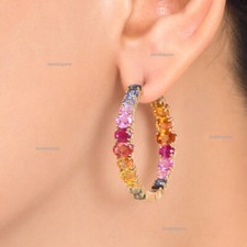 Natural Oval Rainbow Sapphire Graduation Inside Outside Hoops Earrings 14k Gold