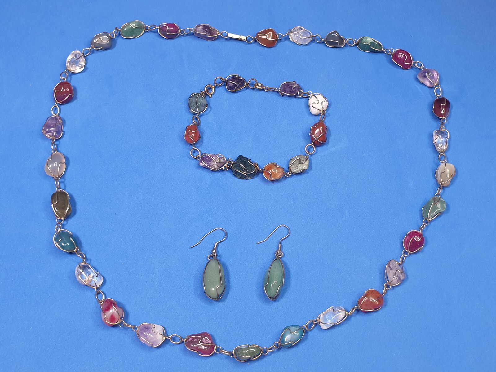 Wire Wrapped Multi Gemstone Necklace Bracelet + E… - image 1