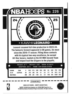 2024-25 Panini NBA Hoops Basketball Kawhi Leonard Card #226 Los